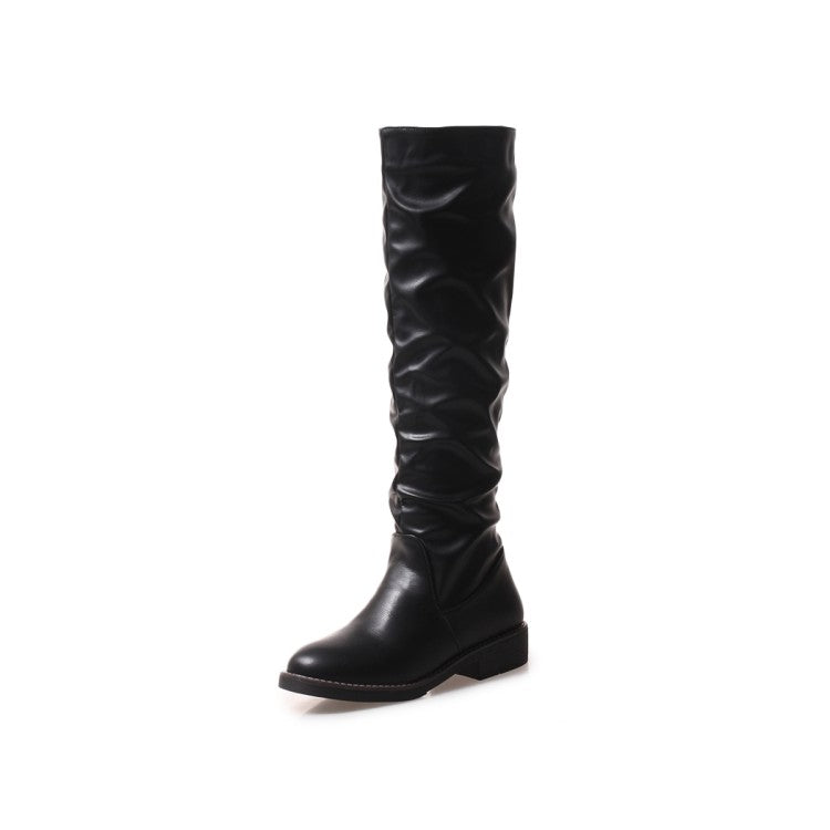 Glossy Round Toe Stitch Knee High Boots for Women