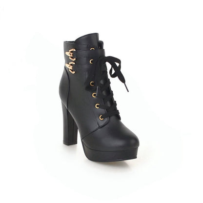 Ladies Lace Up Chunky Heel Platform Ankle Boots