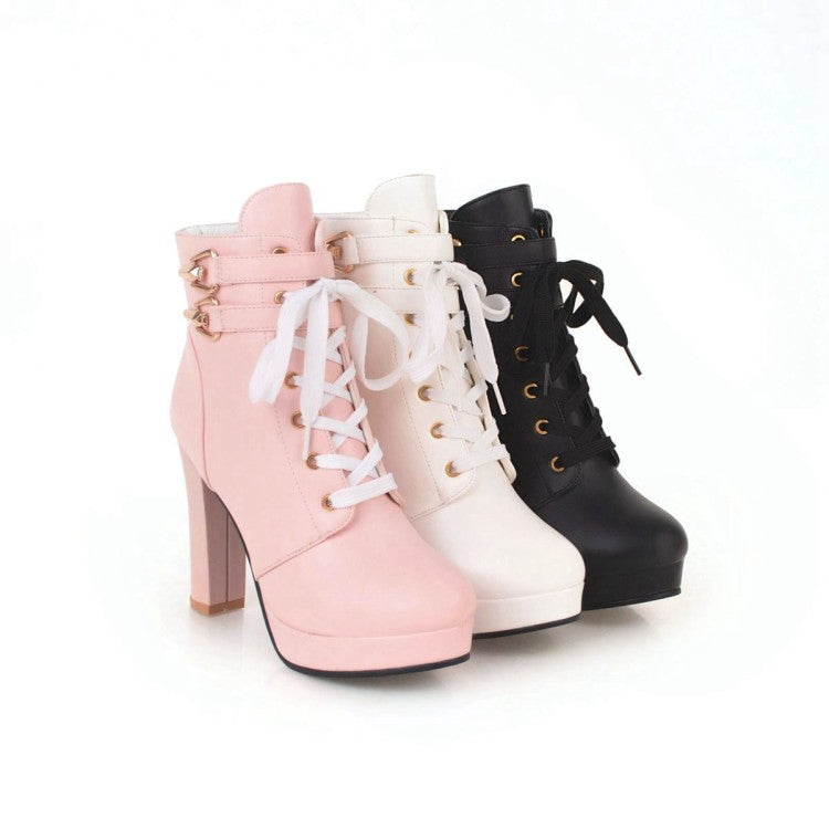 Ladies Lace Up Chunky Heel Platform Ankle Boots