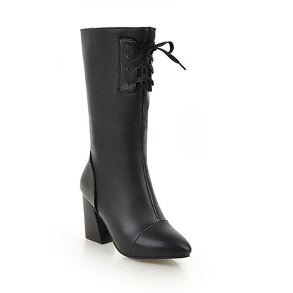 Pointed Toe Lace-Up Block Chunky Heel Mid-Calf Boots for Women