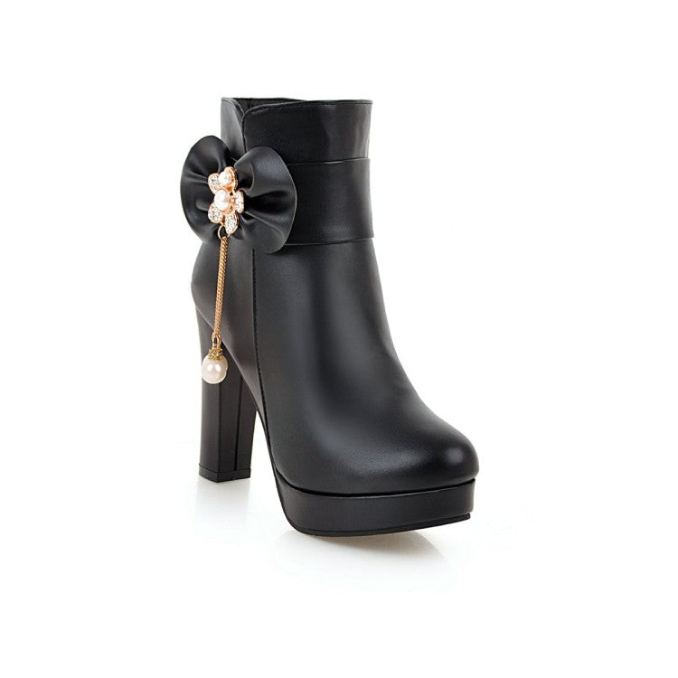 Ladies Pu Leather Rhinestone Pearls Bowtie Chunky Heel Platform Ankle Boots
