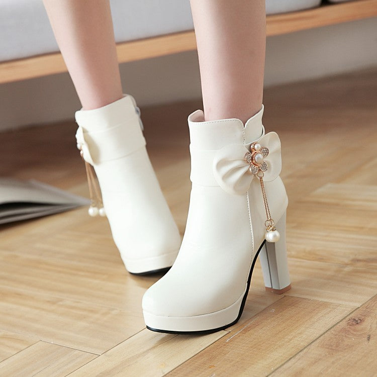 Ladies Pu Leather Rhinestone Pearls Bowtie Chunky Heel Platform Ankle Boots