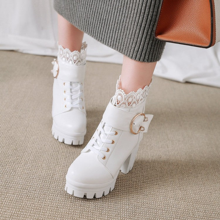 Ladies Lace Up Buckles Lace Chunky Heel Platform Ankle Boots
