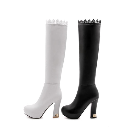 Lace Side Zippers Block Chunky Heel Platform Knee High Boots for Women