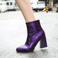 Metal Patent Side Zippers Block Chunky Heel Short Boots for Women