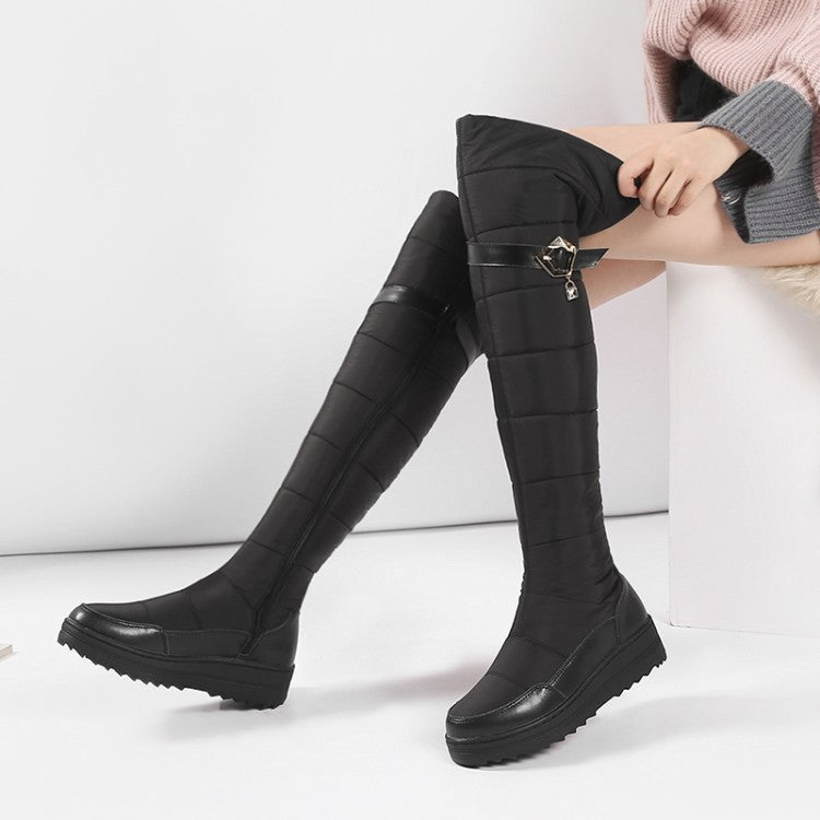 Ladies Leather Waterproof Rhinestones Wedge Heels Down Over the Knee Boots for Winter