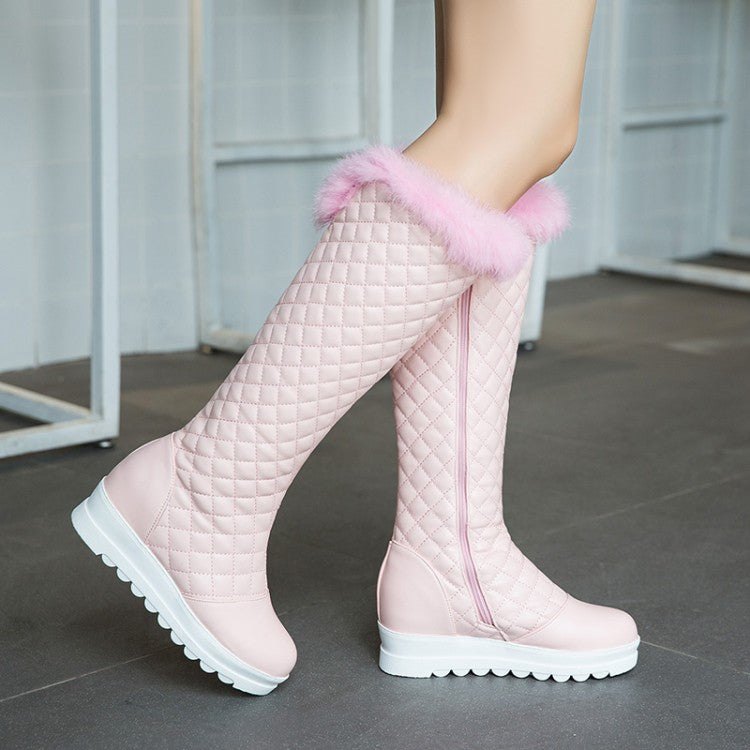 Pu Leather Round Toe Furry Inside Heighten Platform Wedge Heel Mid Calf Boots for Women