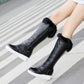 Pu Leather Round Toe Furry Inside Heighten Platform Wedge Heel Mid Calf Boots for Women