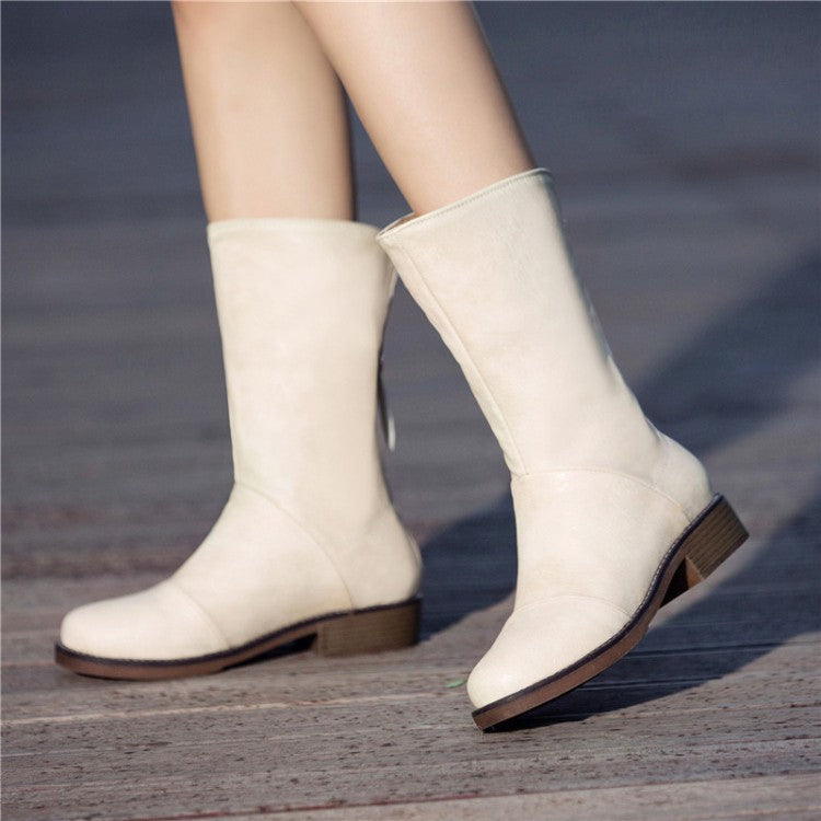 Round Toe Back Zippers Block Heel Mid Calf Boots for Women