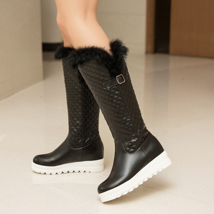 Pu Leather Round Toe Inside Heighten Platform Wedge Heel Mid Calf Boots for Women
