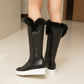 Pu Leather Round Toe Inside Heighten Platform Wedge Heel Mid Calf Boots for Women