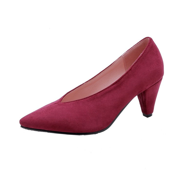 Ladies Pumps Flock Pointed Toe Shallow Cone Heel