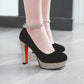 Ladies Almond Toe Sequins Ankle Strap Chunky Heels High Heel Platform Pumps