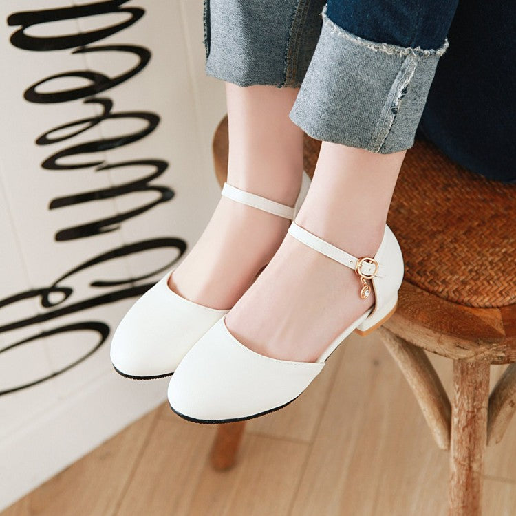 Ladies Round Toe Solid Color Hollow Out Ankle Strap Block Heels Sandals