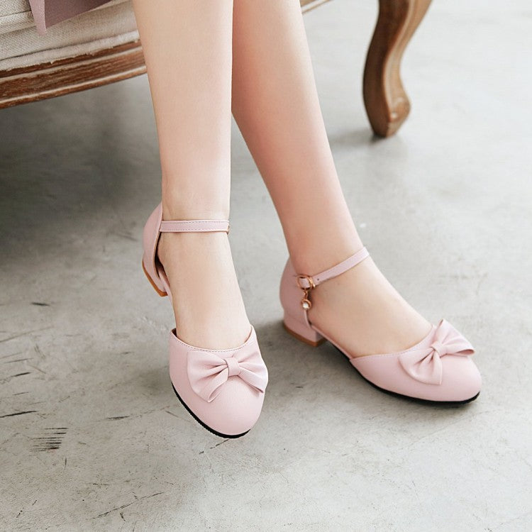 Ladies Round Toe Butterfly Knot Ankle Strap Block Heels Sandals