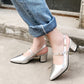 Ladies Solid Color Glossy Pointed Toe Hollow Out Block Heel Sandals