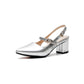Ladies Solid Color Glossy Pointed Toe Hollow Out Block Heel Sandals