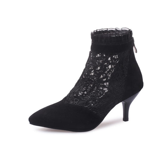 Booties Pointed Toe Lace Mesh Ankle Boots for Women
