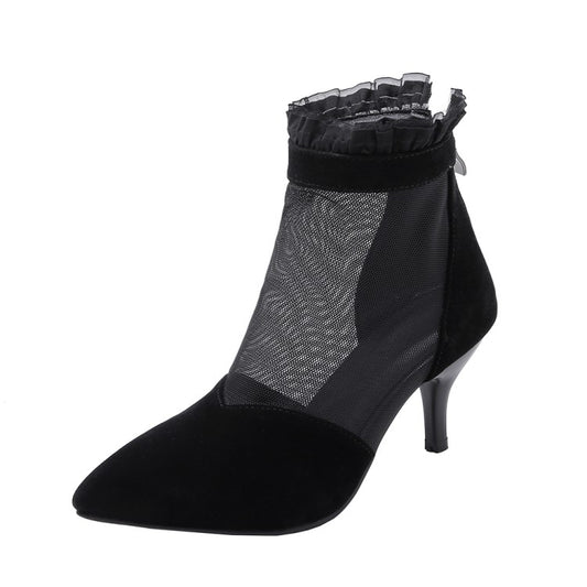 Ankle Boots Pointed Toe Lace Mesh High Heel Booties for Women