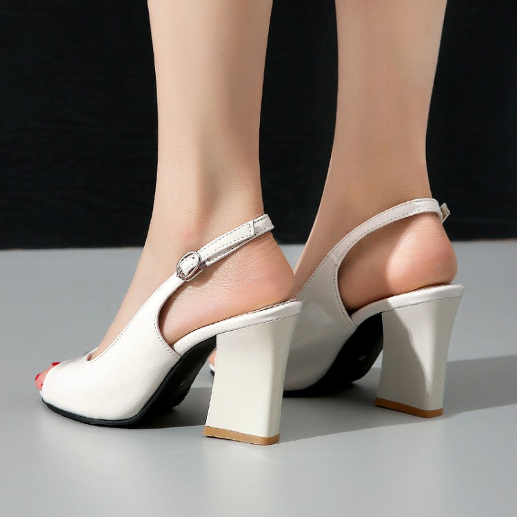 Ladies Glossy Peep Toe Chunky Heel Slingback Sandals