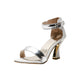 Ladies Sequins Color Block Ankle Strap Chunky Heel Sandals