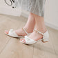 Ladies Peep Toe Solid Color Butterfly Knot Pearls Ankle Strap Low Block Heels Sandals