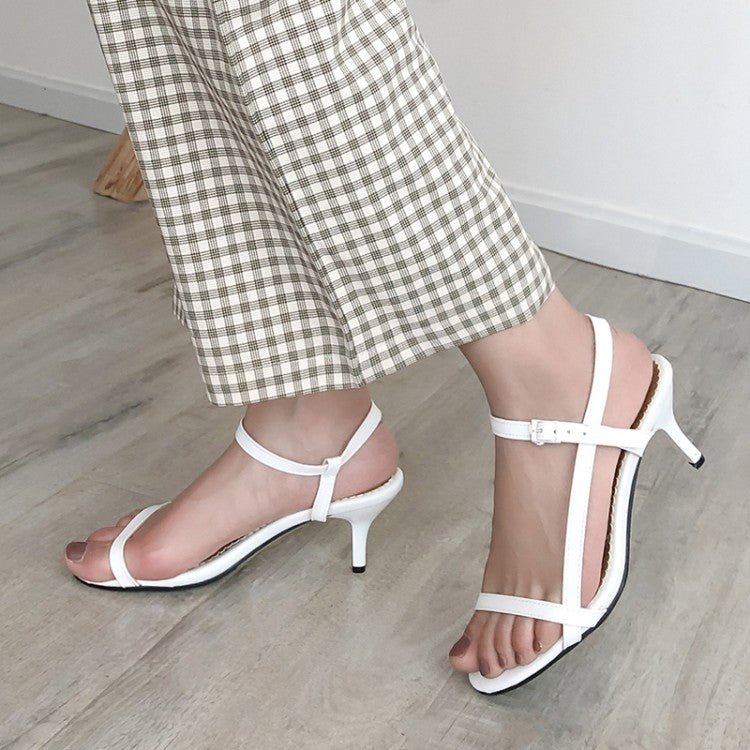 Ladies Narrow Straps Round Toe Metal Buckle High Heel Stiletto Sandals