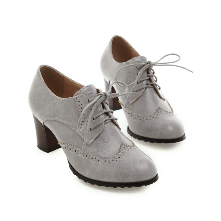 Ladies Retro Tied Carved Medium Heel Oxford Shoes