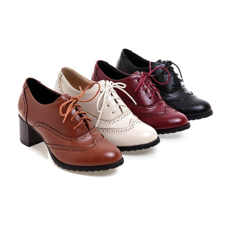 Ladies Round Toe Stitching Block Heel Lace Up Chunky Heels Oxford Shoes