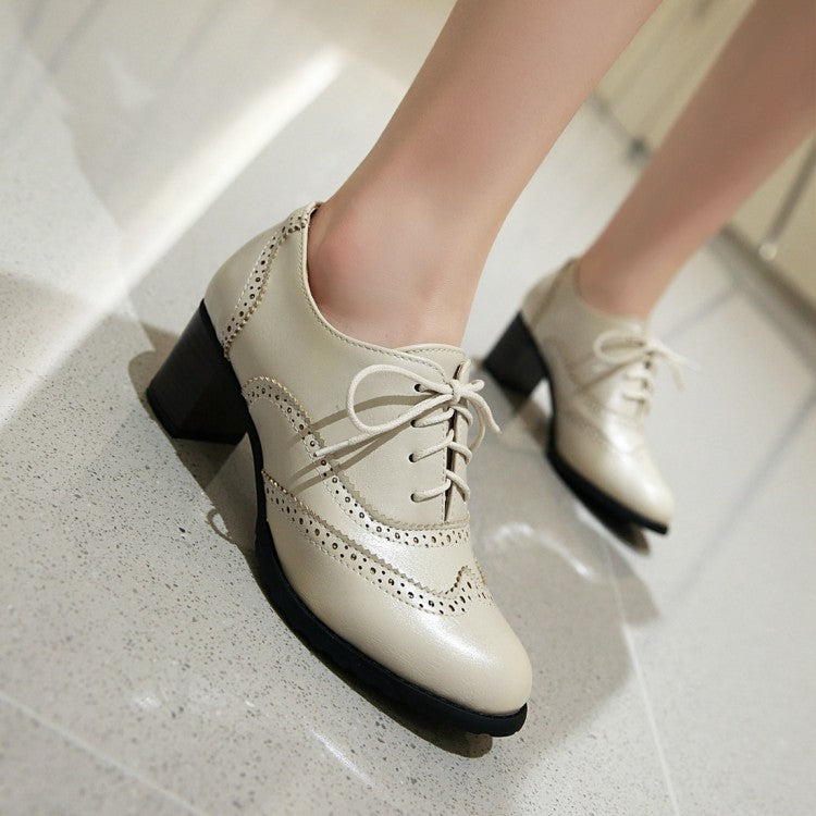 Ladies Round Toe Stitching Block Heel Lace Up Chunky Heels Oxford Shoes