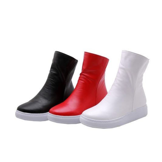 Pu Leather Round Toe Side Zippers Flat Platform Short Boots for Women