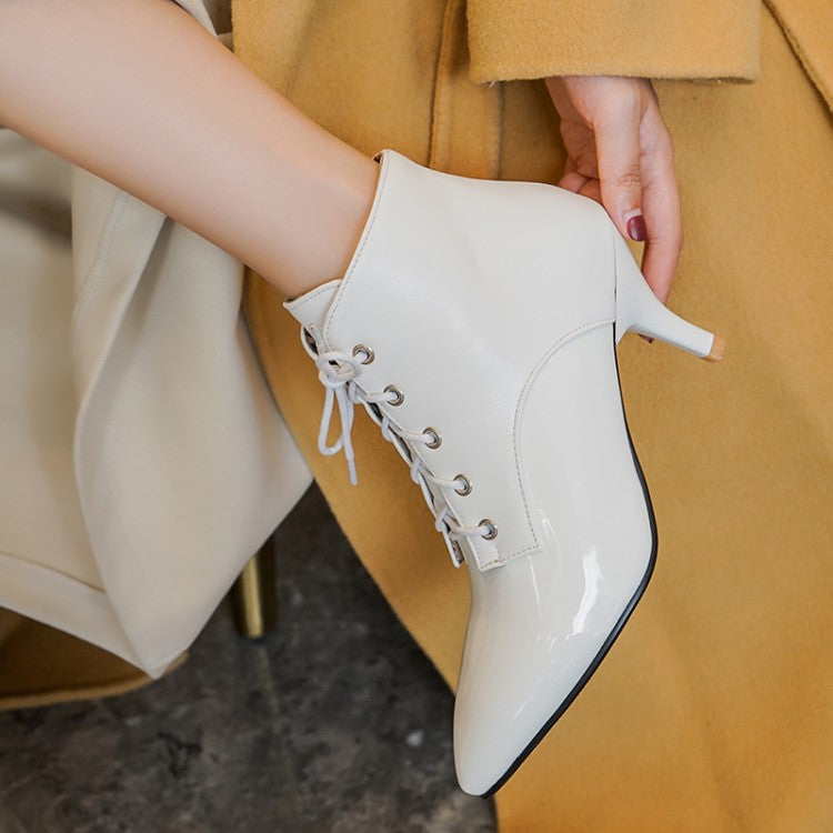 Bicolor Pointed Toe Lace Up Kitten Heel Ankle Boots for Women