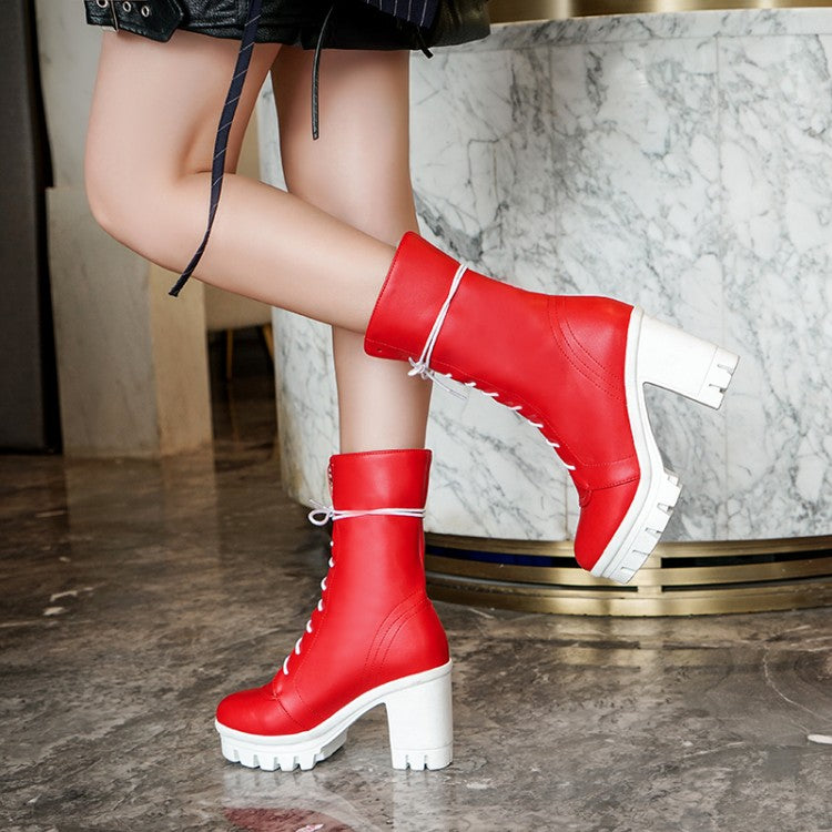 Round Toe Lace Up Block Heel Platform Mid Calf Boots for Women