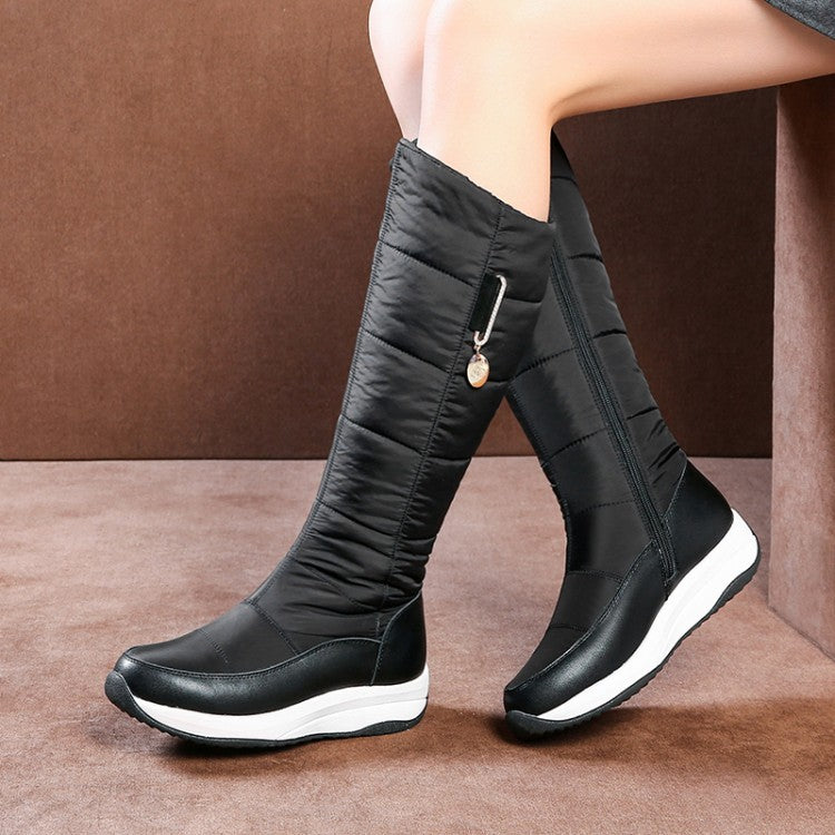 Ladies Leather Zipper Waterproof Wedge Heels Down Tall Boots for Winter