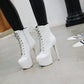 Ladies Pu Leather Almond Toe Tied Belts Stiletto Heel Platform Short Boots