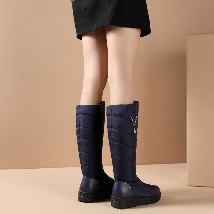 Ladies Waterproof Rhinestones Platform Wedge Heels Down Tall Boots for Winter
