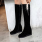 Flock Sparkling Rhinestone Tassel Wedge Heel Knee High Boots for Women