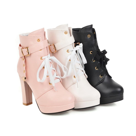 Ladies Lace Up Side Zippers Chunky Heel Platform Ankle Boots