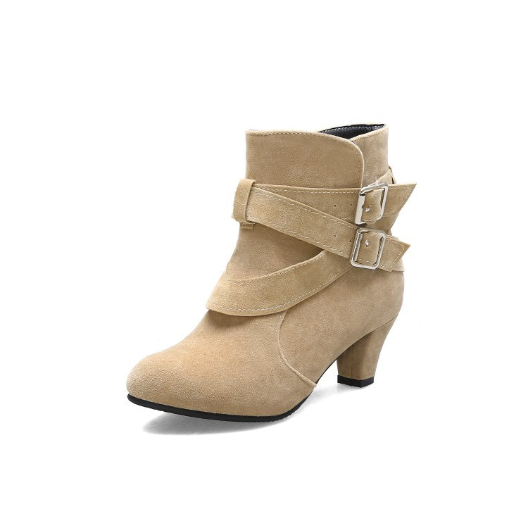Flock Pointed Toe Double Buckle Straps Puppy Heel Ankle Boots for Women
