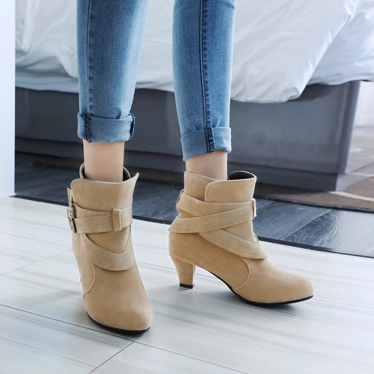 Flock Pointed Toe Double Buckle Straps Puppy Heel Ankle Boots for Women