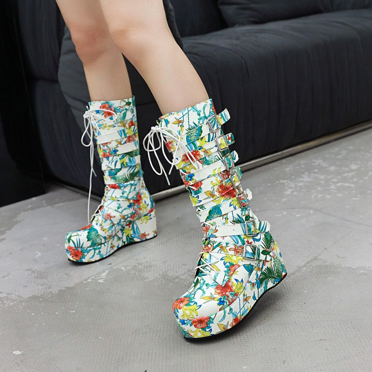 Matte Pu Leather Round Toe Buckle Straps Wedge Heel Platform Mid-calf Boots for Women