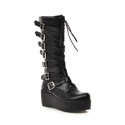 Matte Pu Leather Round Toe Buckle Straps Wedge Heel Platform Mid-calf Boots for Women