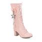 Ladies Pu Leather Lace Up Bowtie Stars Tassel Block Heel Mid Calf Boots