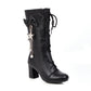 Ladies Pu Leather Lace Up Bowtie Stars Tassel Block Heel Mid Calf Boots