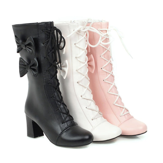 Ladies Pu Leather Round Toe Lace Up Bowtie Block Heel Mid Calf Boots