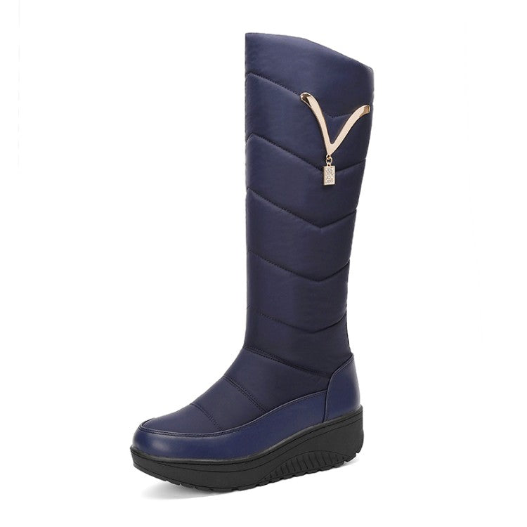 Ladies Waterproof Rhinestones Wedge Heels Down Tall Boots for Winter