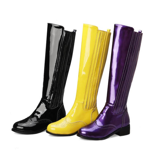 Patent Round Toe Side Zippers Block Chunky Heel Platform Knee High Boots for Women