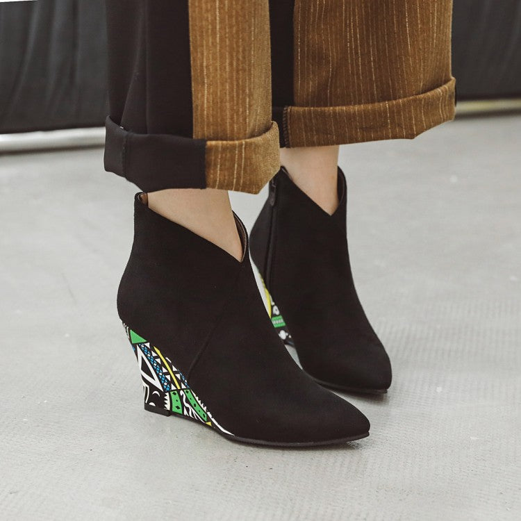 Ladies Suede Pointed Toe Ethnic Wedge Heel Short Boots