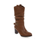 Ladies Pu Leather Pointed Toe Belts Buckles Stitching Block Heel Mid Calf Boots