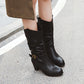 Ladies Pu Leather Pointed Toe Belts Buckles Stitching Block Heel Mid Calf Boots